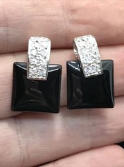 Vintage Clear Cubic Zirconia’s & Black Onyx Glass In Unique Design Earrings