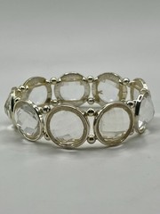 Vintage Silver Tone Large Clear Lucite Faceted Beads Stretch Cuff Bracelet 3”