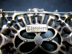 EISENBERG ORIGINAL Ultra RARE 5″ Green Rhinestone BAKELITE Vintage Pin Brooch