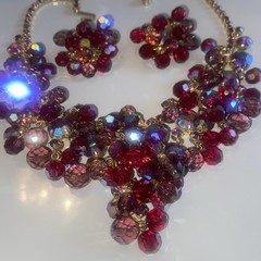 Gorgeous Vtg Juliana D&E Red Purple Rhinestone Bead Necklace Earring Set