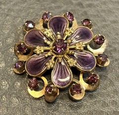 Vintage Faux Amethyst Guilloche Enamel Rhinestone FLOWER Shaped Pin Brooch