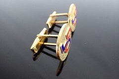 Vintage Gold Tone Red Blue Enamel LDO Initial Cufflinks Oval Textured Design