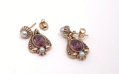 Vintage Avon Queensbury Earrings Gold Tone Faux Amethyst and Pearls 1974