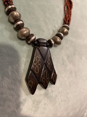 Vintage Handmade Statement Tribal Necklace with Wood, Metal & Red Beads 18”