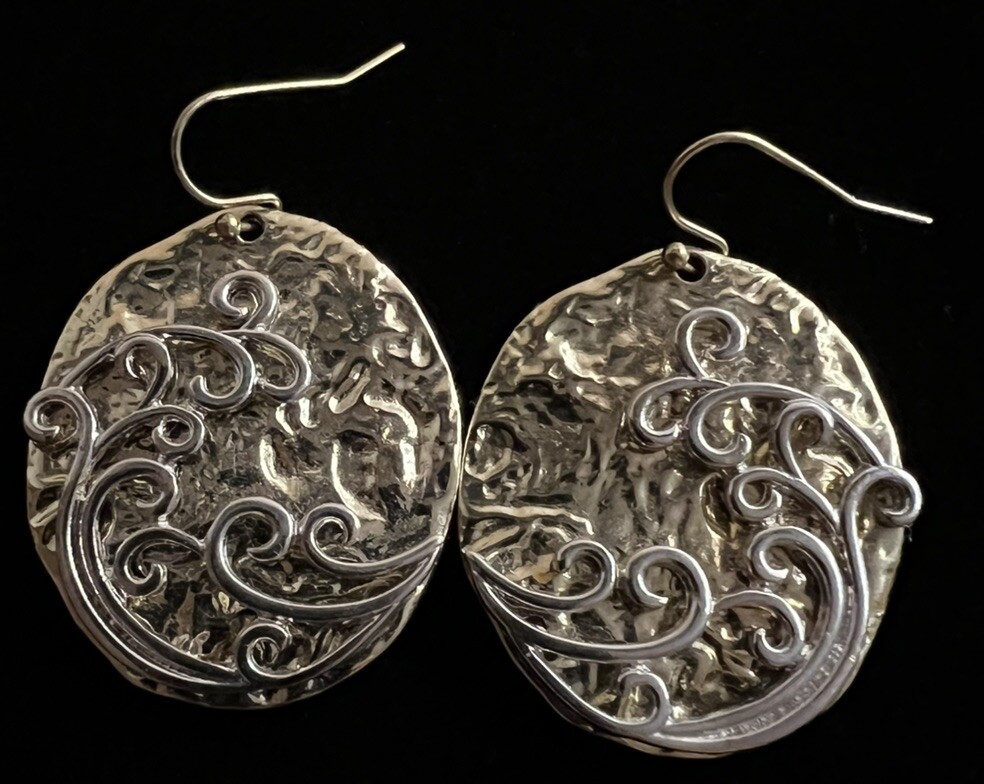 Vintage Two tone Hammered Disc W/Attached Scrolling French Wire Earrings