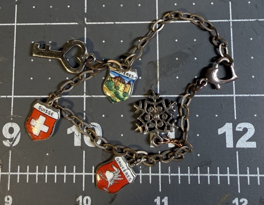 vintage charm bracelet enamel travel shields Swiss!