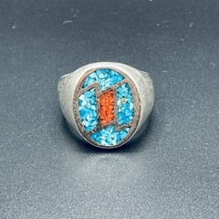 Vintage Navajo 925 Sterling Silver Turquoise Red Coral Signet Ring Size 12.5 12g