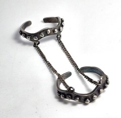 Tribal punk studded sterling silver vintage double ear cuff with connecting chai