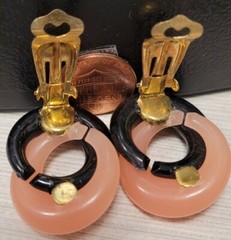 Vintage costume jewelry clip on BLACK & PINK EARRINGS NEW OLD STOCK 1970s 1980s