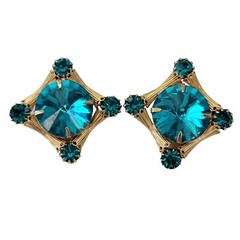Gold Tone Teal Lucite Rivoli, Glass Rhinestone Square Clip On Earrings E836