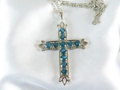Vintage Sterling Silver 925 Heated London Blue Topaz Cross Pendant Necklace