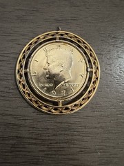 Vintage Gold Tone 1971 KENNEDY HALF DOLLAR Filigree PENDANT