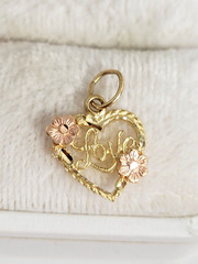 Vtg OR signed 14K Yellow Gold HEART Love Pink Flowers Charm / pendant Estate