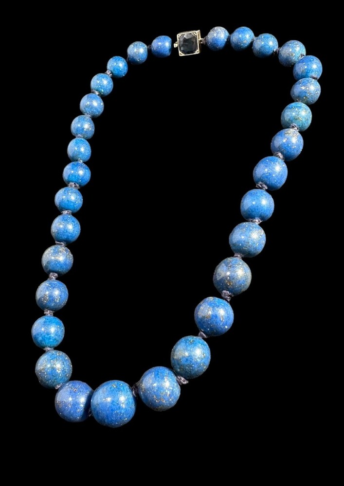 Necklace Lapis Lazuli Hand Knotted Beaded Sterling Silver Clasp Vintage 15.5 in