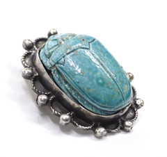 Antique brooch pin Egyptian scarab silver & ceramic jewelry signed in two places
