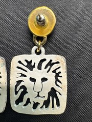 Anne Klein Earrings Gold White Square Lion Head Logo Pierced Dangle Vintage