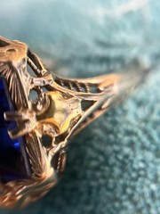 Vintage 10kt Tri-Color Filigree Ring Lab Created Blue Sapphire Size 6.75 V1791