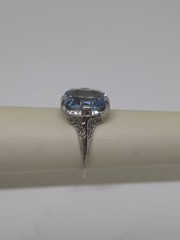 Edwardian 18k White Gold Synthetic Spinel Aquamarine Filigree Ring Size 4.75