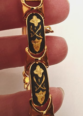 Vintage Spanish Style Damascene Black & Gold Tone Link Bracelet w/ Safety Chain