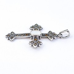 AS IS Vintage Sterling Silver 925 4.5cm Marcasite Mother of Pearl Cross Pendant