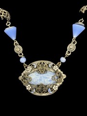 Czech Art Nouveau Deco Periwinkle Cornflower Blue Opine Glass Floral Necklace