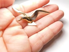 Silver Enamel Flying Seagull Gold Plated Pewter Metal Vintage