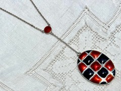 1930s Art Deco ORANGE/BLACK Enamel Checkerboard Sterling Locket Necklace~GERMANY
