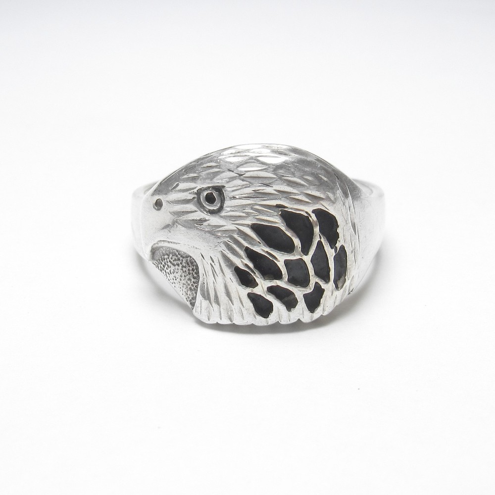 1980s WHEELER MANUFACTURING CO Sterling Silver Eagle Head Black Enamel Ring