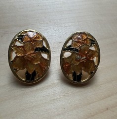 Vintage Enamel Orchid/Hibiscus Peach and Gold Earrings Post Back