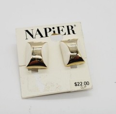 Napier Clip on Screw Back Earrings Gold Tone Off White Enamel Vintage .75 in