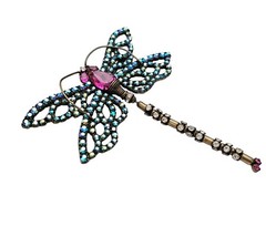 Bauer Dragonfly Brooch Pink, Blue AB Rhinestone Articulated Pin Signed, J595