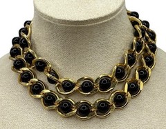 Vintage 90’s Gold Tone Cuban Curb Chain Link Necklace W Black Beads Statement