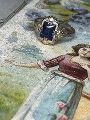 Vintage 10kt Tri-Color Filigree Ring Lab Created Blue Sapphire Size 6.75 V1791