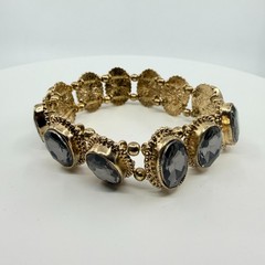 VTG Antique Gold Tone Smoky Gray Crystal Oval Panel Link Stretch Bracelet Boho