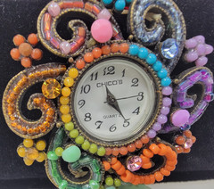 VINTAGE CHICO’S CUFF BRACELET BEADED WRIST WATCH MULTICOLOR CRYSTALS NEVER WORN!