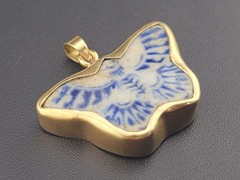 Antique Siam Blue White Porcelian Butterfly Gambling Token 14k Gold Pendant