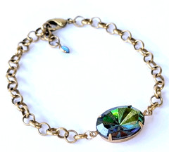​Vtg Czech Vitrail Rhinestone Adjustable Length Bracelet Antique Brass Chain