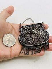 Antique Silver Tone Intricate Filigree Swirl Flower Coin Perfume Purse Pendant