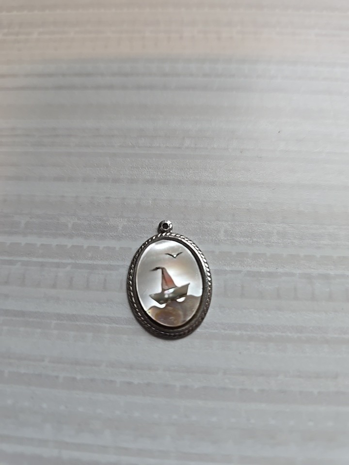 Vintage Handmade Beautiful Silver Mother Of Pearl Sailboat Ocean Pendant