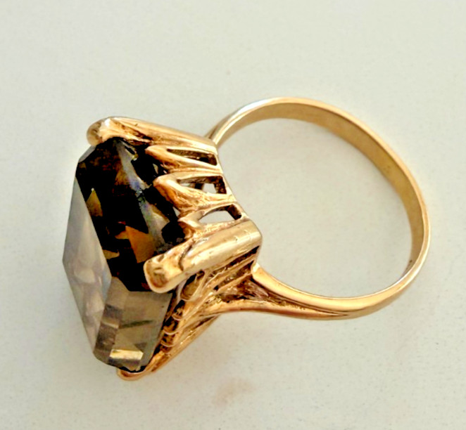Vintage Mid Century 10K Yellow Gold Large Smoky Quartz Cocktail Ring 7g