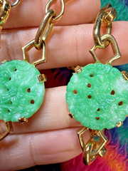 Vintage Necklace Green Asian Carved Station Glass Goldtone Chain 26in