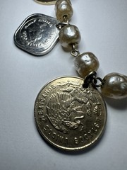 Vintage Handmade 7″ Coin Bracelet w/ 7 Coins Africa India 1947-1957 Faux Pearls