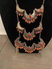 Necklace Earrings Set Orange Red Gold Tone Chunky Chain Layered Gypsy Boho Chic
