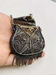 Antique Silver Tone Intricate Filigree Swirl Flower Coin Perfume Purse Pendant