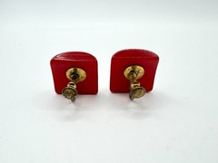Vtg 40s Cherry Red BAKELITE Rectangle Square Domed Screw Back Earrings TESTED 1”