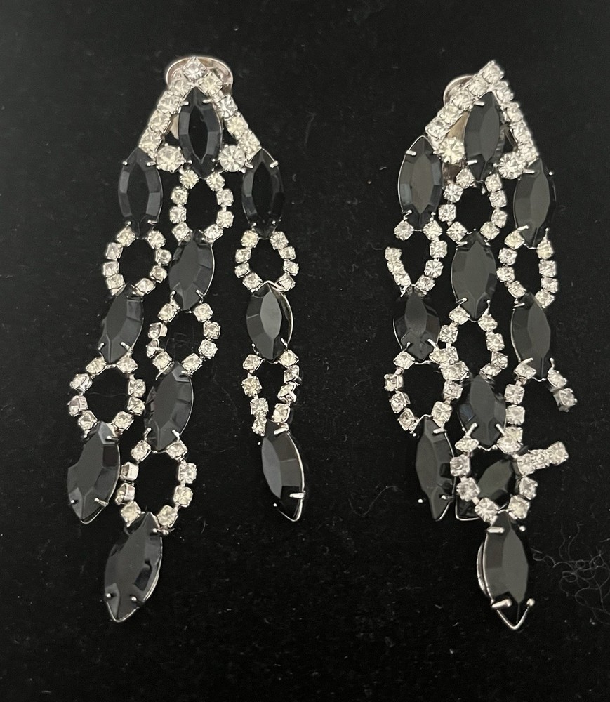 Kenneth J Lane 3.5 In Black & Clear Rhinestone Earrings For Repair