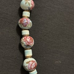 Vintage Hand Painted Porcelain Bead Necklace Turquoise Color Blue With Roses