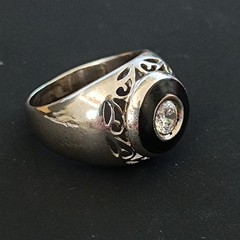 Chunky Silver Signet Ring Black Enamel Crystal Vintage Statement Domed Men Women