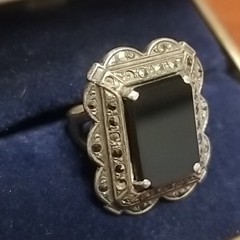 Antique Victorian Mourning Ring, Size 3, Black Onyx Marcasite And Silver
