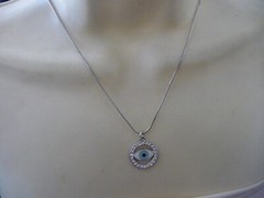 EVIL EYE PENDANT w RHINESTONE on SILVER TONE CHAIN NECKLACE #23/5A